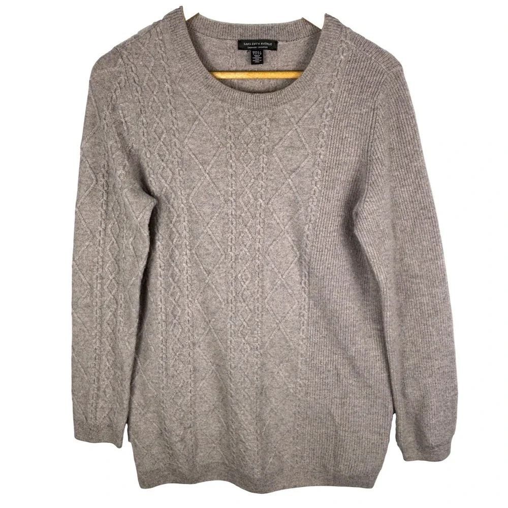Saks Fifth Ave. Women 100% Cashmere Long Sleeve Sweater Sz XS Taupe Ribbed Soft‎